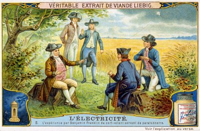 Erfaring af Benjamin Franklin med flyvende hjorte brugt som lynafleder - Liebig reklamemærkat af French School