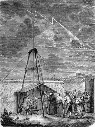 Erfaring lavet den 10. maj 1752 af Thomas Francois (Thomas-Francois) Dalibard (1703-1779) en Marly, første demonstration af tilstedeværelsen af elektricitet i stormfulde skyer - gravering af French School