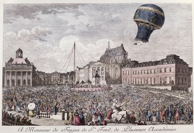Eksperimenter i Versailles af Montgolfier-brødrene med flyvningen i en Montgolfiere-luftballon af en hane, en and og et får den 19. september 1783 af French School