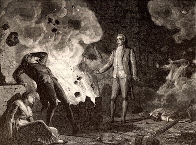 Eksplosion af sprængstoffabrikken i Essonne, Frankrig, ca. 1788 (gravering) af French School
