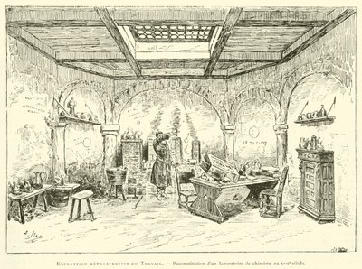 Retrospektiv udstilling af Labour, rekonstruktion af et kemikers laboratorium i det 17. århundrede (gravering) af French School