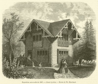 Verdensudstilling fra 1867, tyrolerhytte (gravering) af French School