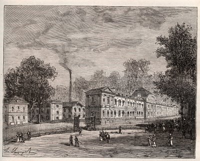 Udvendigt billede af Imperiale Porcelænsfabrik i Sevres, bygget i parken Saint Cloud efter arkitekten Laudins planer - indgravering i "Frankrig illustree: geografi, historie, statistisk administration" af V.-A. Malt-brun. 1884 af French School