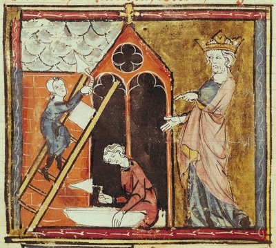 F.235v Kong Ludvig VI (1080-1137) Ser opførelsen af en kirke, fra Grandes Chroniques de France 1375-79 af French School