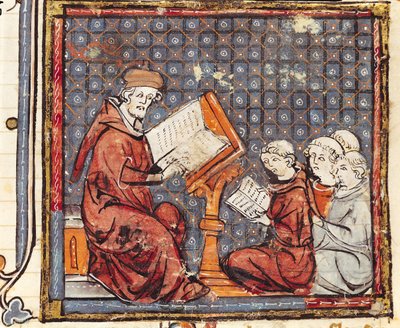 F.277r En filosof underviser i Paris, fra Grandes Chroniques de France, 1375-79 af French School