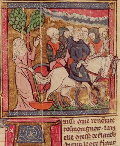 F.288r Ferdinand af Portugal (1186-1233) Greve af Flandern taget som fange til Paris efter slaget ved Bouvines, 27. juli 1214, Grandes Chroniques de France, 1375-79 af French School