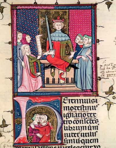 F.39r Ægteskabslov, en utro kone, der møder i retten, fra Justiniani i Fortiatum af French School