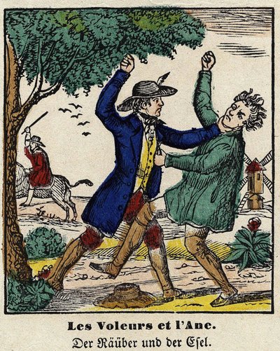 Fables de La Fontaine: tyvene og æslet. Billede af Epinal, første halvdel af det 19. århundrede. af French School