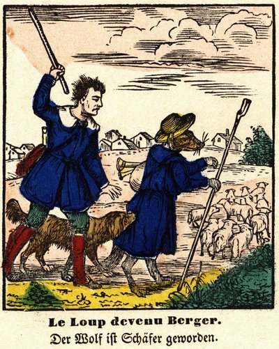Fables de La Fontaine: ulven blev hyrde. Billede af Epinal, første halvdel af det 19. århundrede. af French School