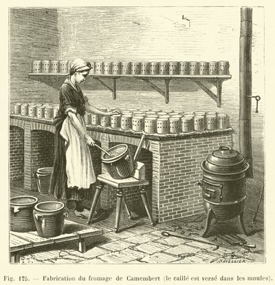 Produktion af camembert ost, vagtlen hældes i formene (gravering) af French School