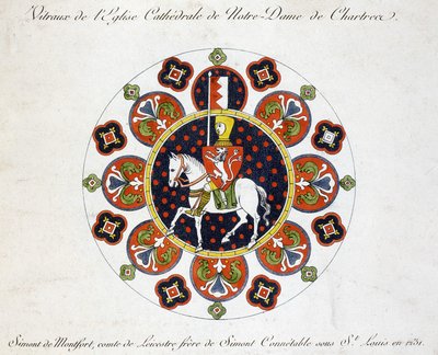 Fac-lignelse fra et farvet glasvindue i Vor Frue af Chartres kirke: Simont de Montfort, greve af Leicestre, bror til Simont Conétable under Saint Louis i 1231. af French School