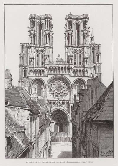 Facade af Laon-katedralen, begyndelsen af det 13. århundrede (litho) af French School
