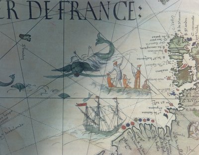 Faksimile af hvalfangst og Isle of Saint Brandon, detaljer fra et portolankort af Pierre Desceliers, 1546, udgivet i Monuments de la Geographie af Edme Francois Jomard (1777-1862) af French School
