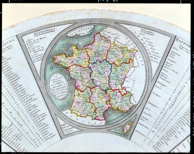 Fan, der viser kortet over Frankrig som opdelt i 9 regioner, 10 metropoler og 83 departementer, 1790 af French School