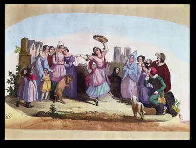 Fandesign, der skildrer en scene fra La Esmeralda, en opera af Louise-Angelique Bertin (1805-77) efter romanen af Victor Hugo (1802-85) ca. 1836 af French School