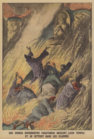 Fanatiske buddhistiske munke brænder deres tempel og kaster sig ind i flammerne på øen Formosa (farve litho) af French School