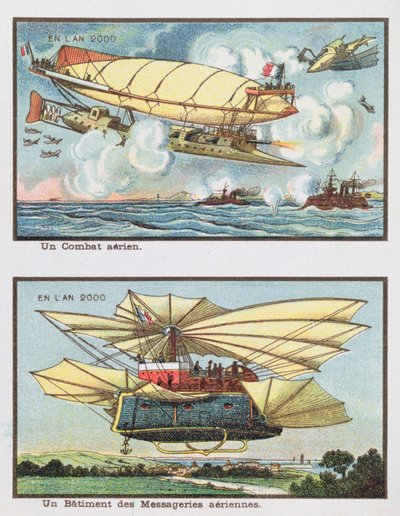 Fantasiskildringer af et luftslag og af et fly til godstransport i år 2000, ca. 1910 af French School