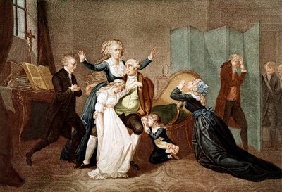 Farvel til Louis XVI af hans familie i templet, 20. januar 1793 - Det sidste interview af Louis XVI med hans familie (Marie Antoinette og deres børn Marie Therese eller Madame Royale (1778-1851) og Louis XVII (1785-1795), aftenen før hans henrettelse i T af French School