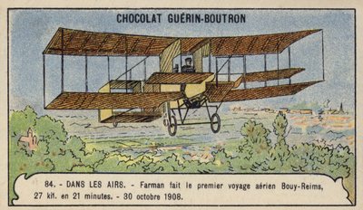 Farman foretager den første langrendsflyvning i Europa, fra Bouy til Reims, Frankrig, 30. oktober 1908 (chromolitho) af French School