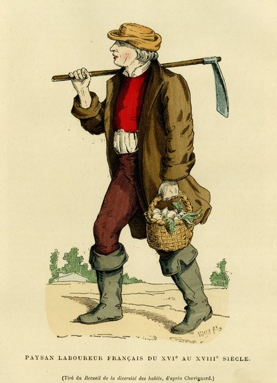 Bondedragt fra det 17. til det 18. århundrede. Farvestik efter en tegning af Chevignard, i "France et les francais a travers les centuries" af Augustin Challamel, F.Roy-redaktør, Paris 1882. Selva-samling. af French School