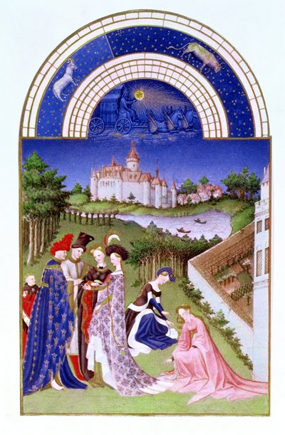 Faksimile af april: høviske figurer på slottets område af brødrene Limbourg, fra Tres Riches Heures du Duc de Berry (for original se 8436) af French School
