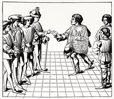 Våbenkongens mode og måde, fra Tournois du roy Rene, illustration fra videnskab og litteratur i middelalderen og renæssancen, skrevet og indgraveret af Paul Lacroix, 1878 (gravin af French School