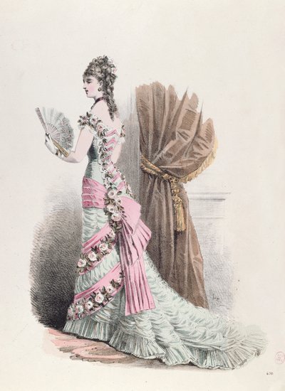 Modetallerken af en kvinde i aftenkjole og med vifte, 1877 (farvegravering) af French School