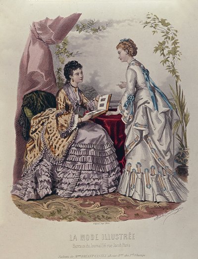 Modeplade, der viser damer i kjoler designet af Mme Breant-Castel og ser på fotoalbum, 1872 af French School