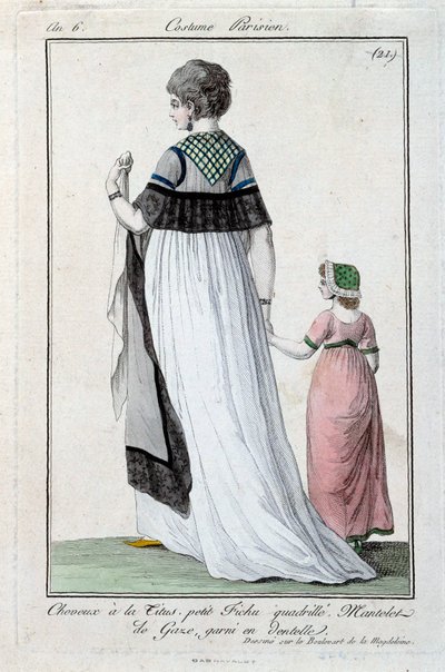 Mode under ledelsen: elegant ung parisisk kvinde iført Titus, gazekappe med blonder. 1797. Paris, dragtmuseum af French School