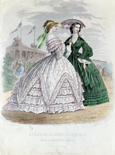 Moderigtige parisiske damer ved havet, 1861 (farvegravering) af French School
