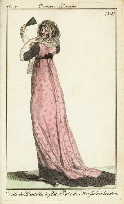 Moderigtig kvinde i blondeslør, damask muslinkjole af French School