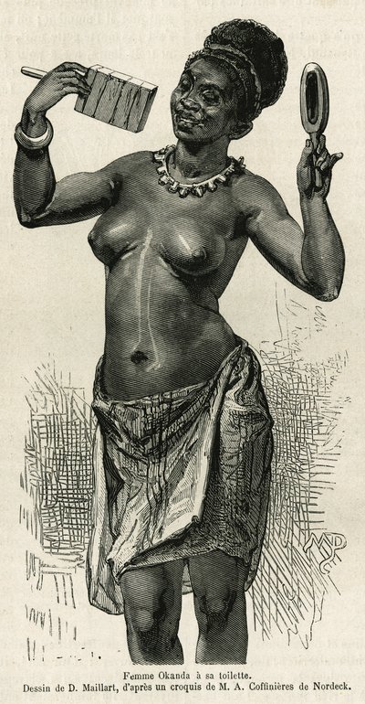 Femme Okanda har sit toilet, tegnet af D.Maillard, for at illustrere historien om en tur til Gabon og Ogoue-floden i 1875-1877 af Alfred Marche. Indgravering i Le tour du monde af French School