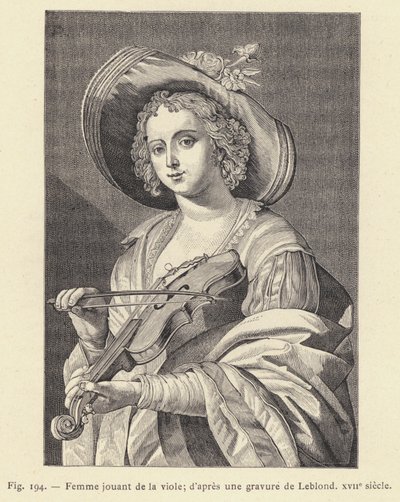 Kvinde spiller viol, efter en gravering af Leblond, 1600-tallet (gravering) af French School