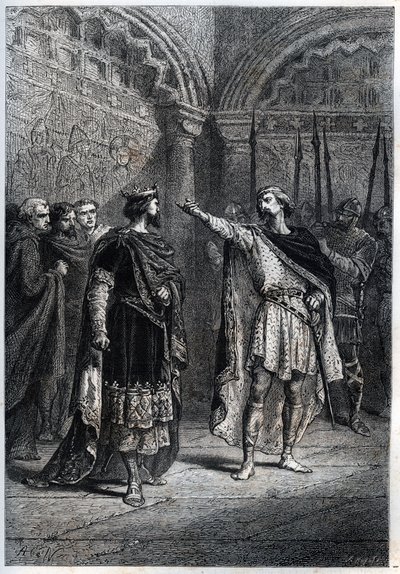 Feodalt regime: "Hvem gjorde dig til konge? “” : Audebert (Adalbert), greve af Perigord (968-995), svarer uforskammet til kong Hugues Capet (938-996), der spurgte ham, hvem der fik ham til at tælle - Gravering af dæk af “Histoire de France” af Guizot af French School