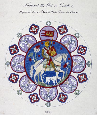 Fernand III, konge af Castilien, repræsenterer på et farvet glas af Notre Dame de Chartres (1252). College lignelse. af French School