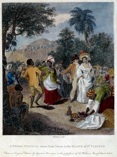 Fete negre på øen Saint Vincent (Centralamerika, Antiller). Indgravering af det 19. århundrede. Chartres, Museum of Fine Arts af French School