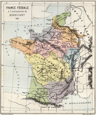 Feudalisme - Frankrig Feudalisme ved fremkomsten af ​​Hugues Capet - 987 - gravering fra "" Frankrigs historie fortalt til mine børnebørn"" - af Francois Guizot - 1872-1876 af French School