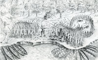 Fighting of Hurons, fra Voyage de Champlain i 1624 af Samuel de Champlain, 1567-1635 af French School