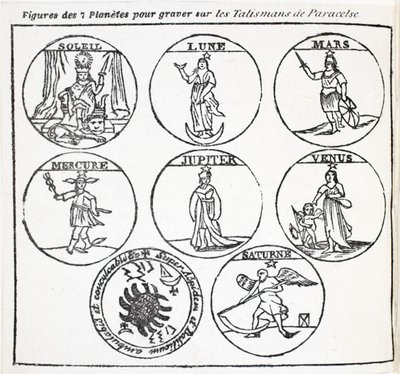 Figurer af de 7 planeter, der skal graveres på Talismanerne fra Aracelse af French School