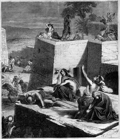 Første korstog (1096-1099): De tyske korstog knuser ungarerne og sætter byerne i brand. Indgravering i "Histoire des Papes-Rois-Queen and Empereurs a travers les centuries"" af Maurice Lachatre af French School