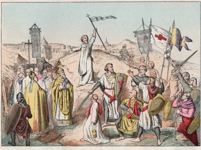 Første korstog: belejringen og erobringen af Jerusalem af krydstogter ledet af Godefroy (Godefroi) de Bouillon (1058-1100) i 1099 - Godfrey de Bouillon ved belejringen af Jerusalem - Indgravering af slutningen af det 19. århundrede i "" Nos Gires Nationale af French School