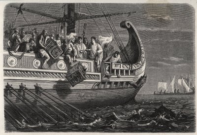 Første puniske krig - Publius Claudius Appius Pulcher (død omkring 240 f.Kr.) før slaget ved Drepanum (249 f.Kr.) får hellige kyllinger til at kaste i havet - Første puniske krig - Slaget ved Drepana - Publius Claudius Appius Pulcher før slaget ved Drepanu af French School
