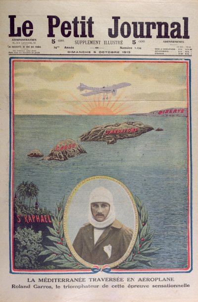 Første krydsning af Middelhavet 23. september 1913 af Roland Garros (1888-1918), forsideillustration af le Petit Journal 5. oktober 1913 af French School