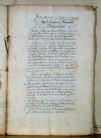 Første side af vedtægterne for det franske akademi, 1635 (blæk på papir) (se også 179947) af French School