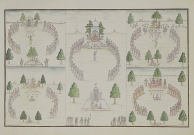 Fem hinduistiske kulter: Shiva, Krishna, Vishnu, Brahma og Mother Goddess fra The Gentil Album, udgivet i 1774 af French School