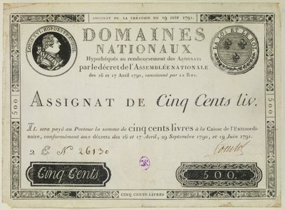 Fem hundrede livres seddel, 19. juni 1791 af French School