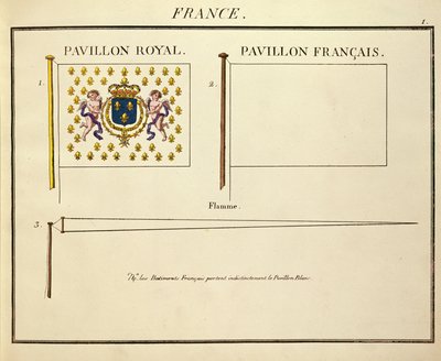 Flag tilhørende Louis XVIII og Charles X, konger af Frankrig, fra Pavillons des Puissances Maritimes (farvegravering) af French School