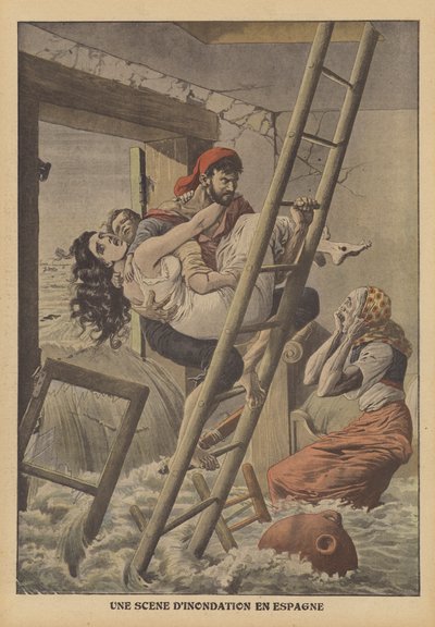 Oversvømmelser i Spanien (farvelitografi) af French School