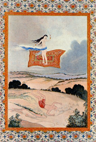 Fly, O Magic Carpet og Transport Me, illustration fra The Arabian Nights. 1895 (farvegravering) af French School