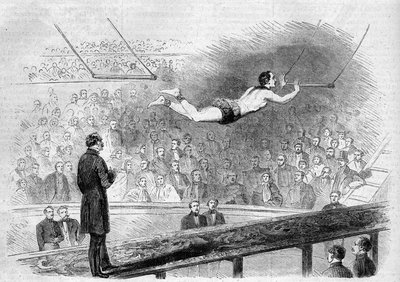 Flyvende trapeznummer af den franske akrobat Jules Leotard (1839-1870) ved Cirque de Napoleon (i dag Cirque d
